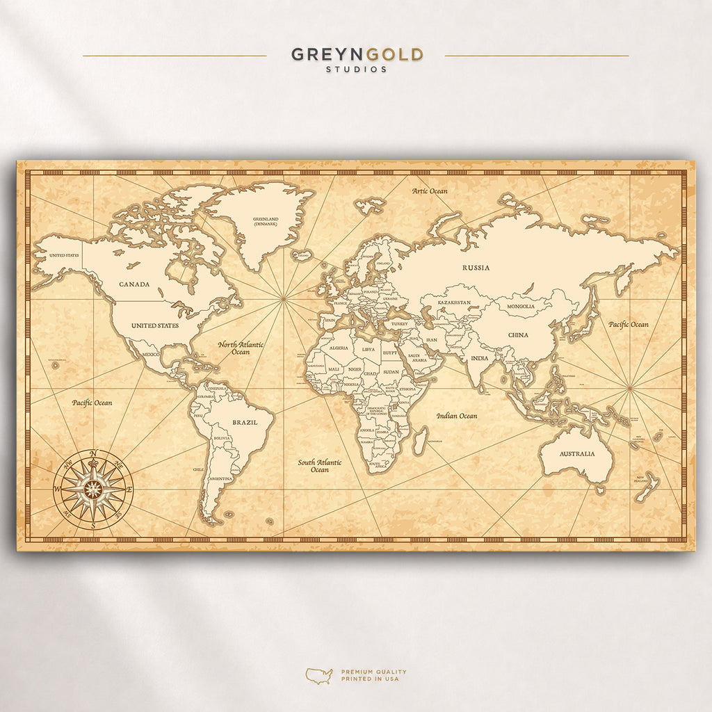 Vintage Political World Map Wall Art Poster – Detailed Educational Geography Print, Countries & Continents Map, Retro World Atlas, Classroom Office Travel Decor, Kids Learning Poster Premium Poster Print - Pick Size