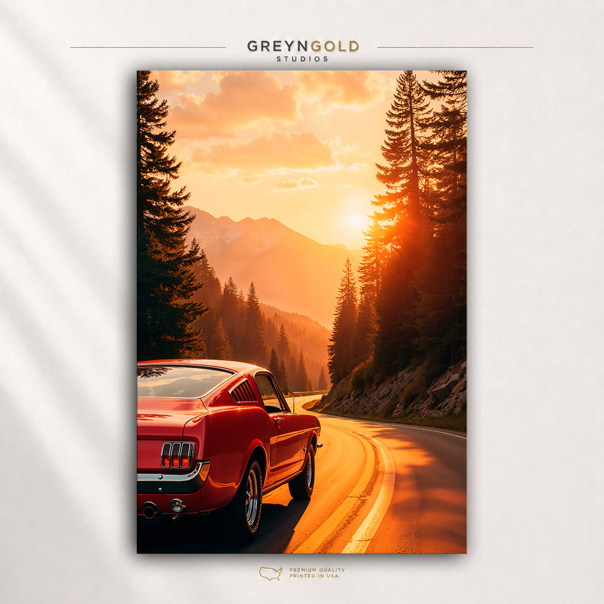 Red Ford Mustang Poster – Classic American Muscle Car Wall Art, Mountain Road Sunset Automotive Print, Vintage Garage Decor Premium Poster Print - Pick Size