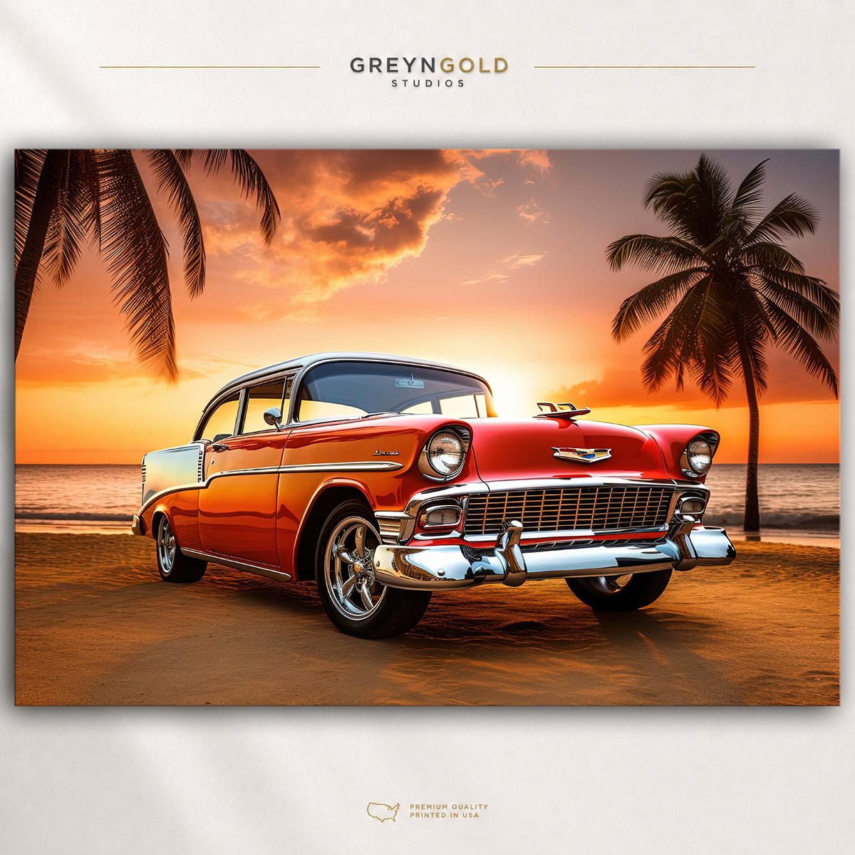 1950s American Classic Car Poster – Vintage Beach Sunset Automobile Wall Art & Retro Car Print, Garage Man Cave Decor Premium Poster Print - Pick Size