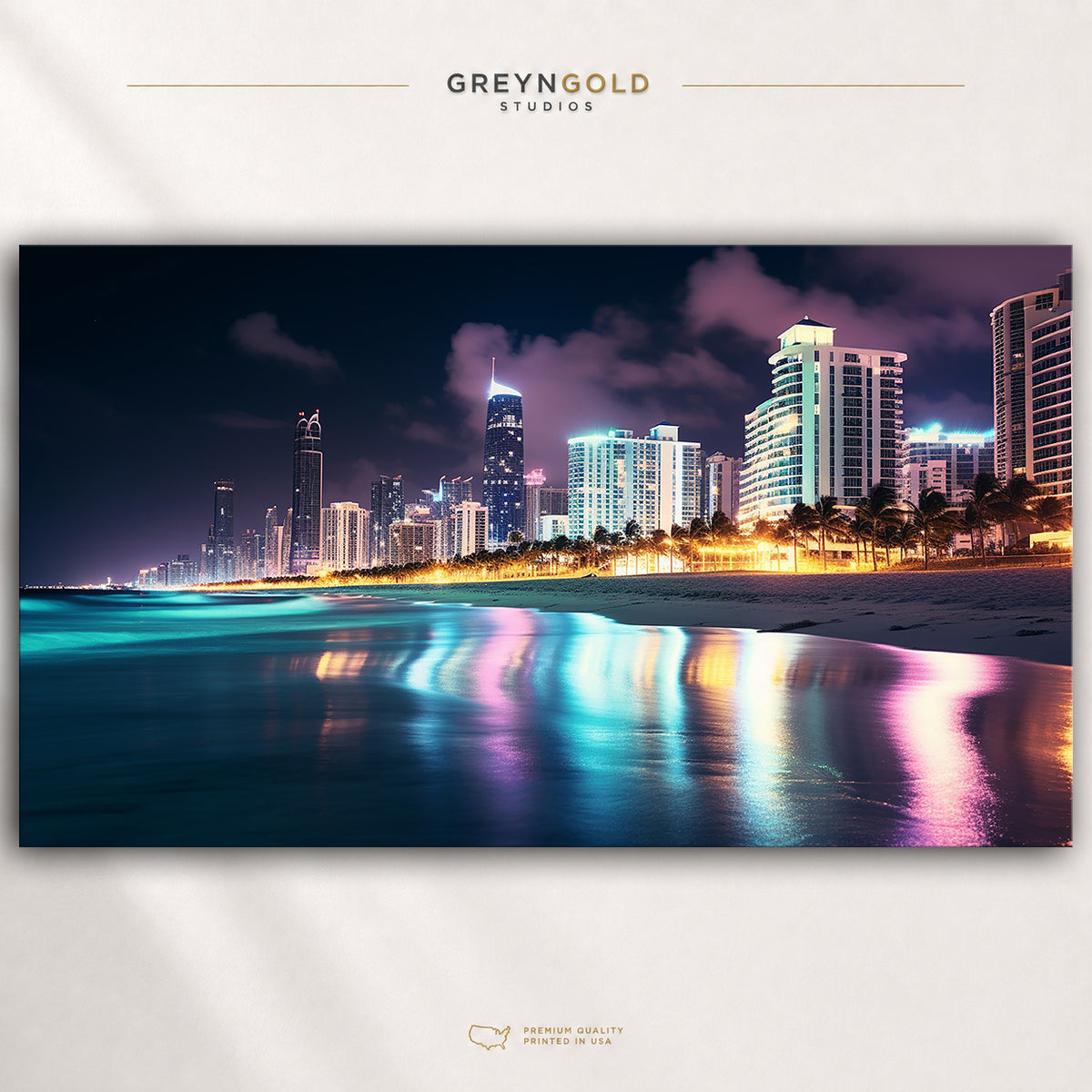 Miami Florida Cityscape Poster, Downtown Skyline Wall Art, Night City Travel Print, Modern Coastal Home Decor Premium Poster Print - Pick Size