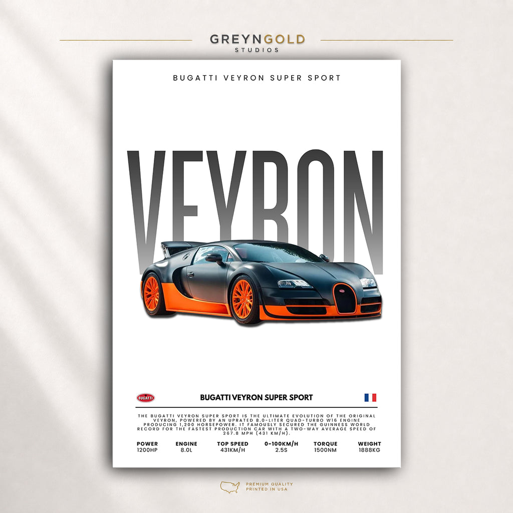 Bugatti Veyron Super Sport Car Poster - French Hypercar Wall Art, Luxury Car Print, Exotic Racing Car Decor, Automotive Garage Art, Car Lover Gift Premium Poster Print - Pick Size
