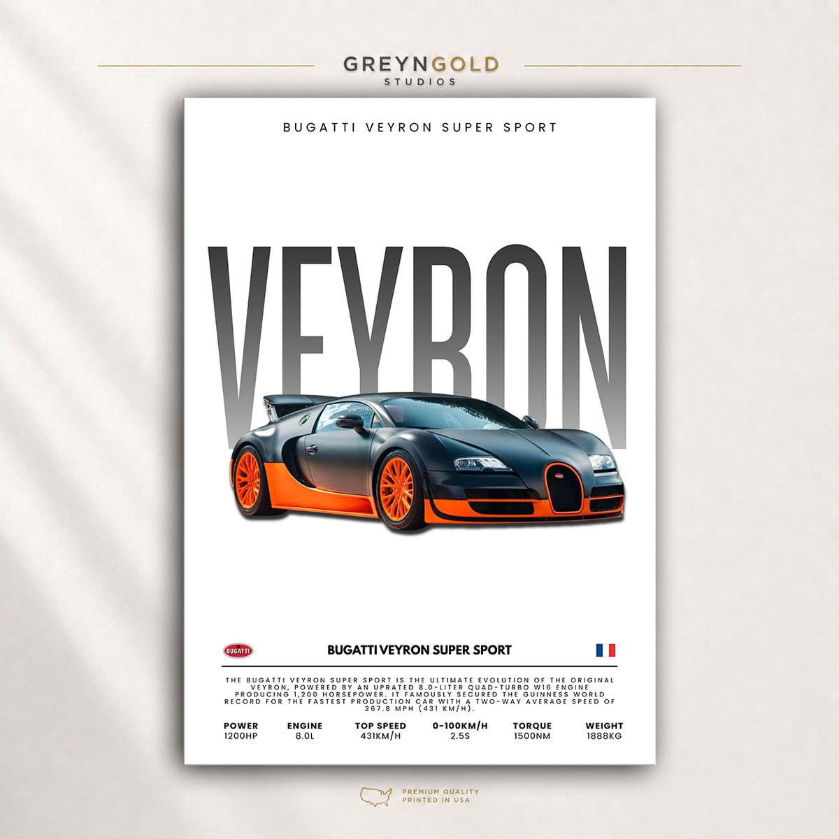 Bugatti Veyron Super Sport Car Poster - French Hypercar Wall Art, Luxury Car Print, Exotic Racing Car Decor, Automotive Garage Art, Car Lover Gift Premium Poster Print - Pick Size
