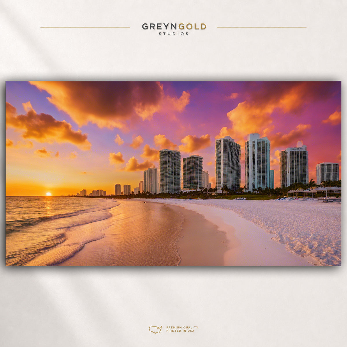 Miami Beach Sunset Poster, Miami Florida Skyline Wall Art, Coastal Cityscape Travel Print, Tropical Beach Home Decor Premium Poster Print - Pick Size