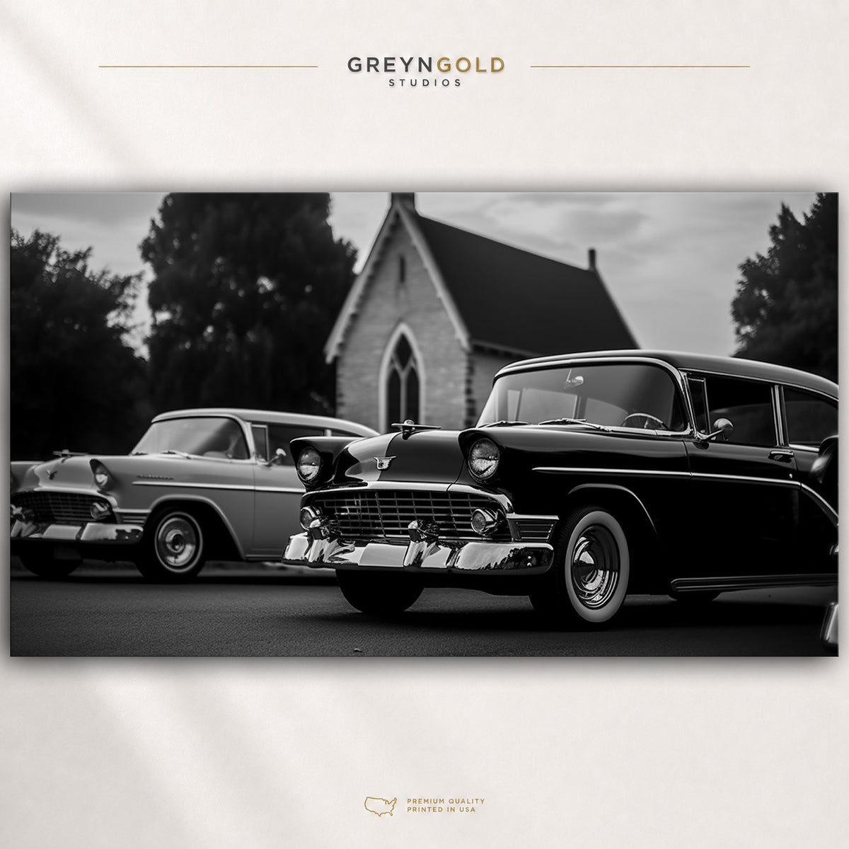 Black and White Classic Car Poster – Vintage 1950s American Automobile Wall Art & Retro Decor for Garage Man Cave Premium Poster Print - Pick Size