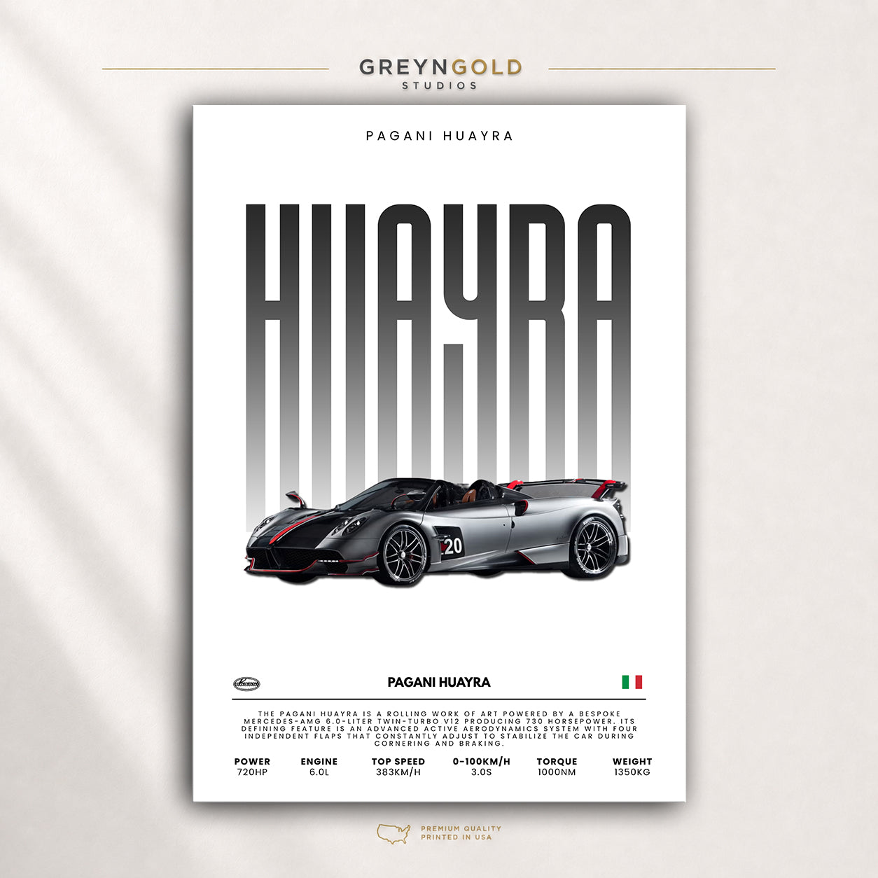 Pagani Huayra Italian Sport Car Wall Art - Exotic Supercar Print, Luxury Performance Car Decor, Racing Garage Art, Car Lover Gift Premium Poster Print - Pick Size