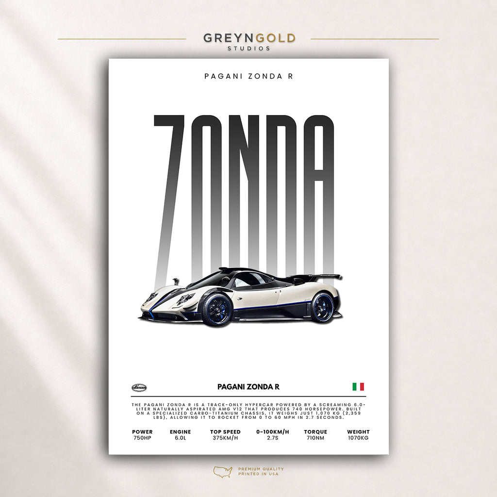 Pagani Zonda R Italian Sport Car Wall Art - Exotic Supercar Specification Print, Luxury Performance Car Decor, Racing Garage Art, Car Lover Gift Premium Poster Print - Pick Size