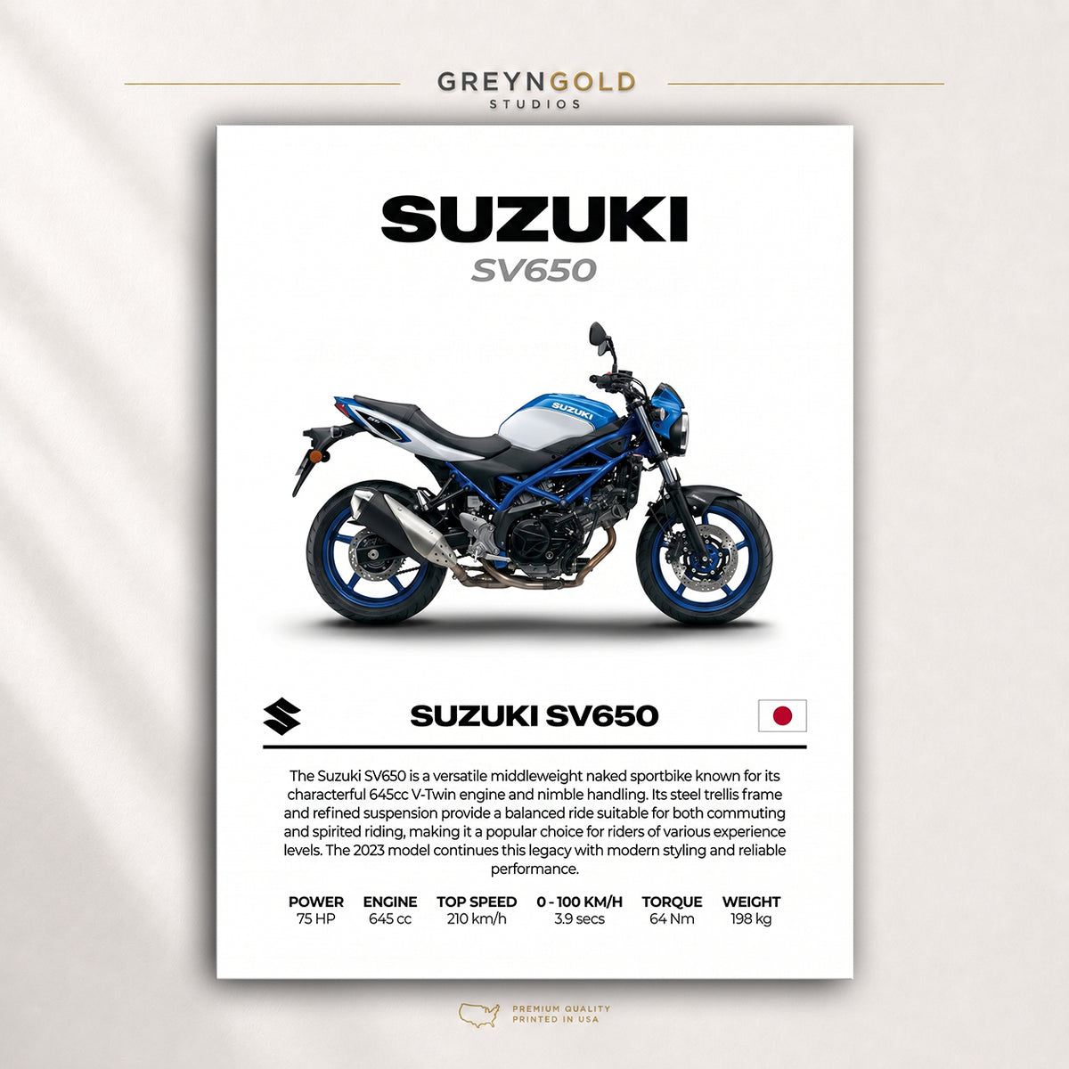 Suzuki SV650 Motorcycle Wall Art – Japanese Sport Bike Print, Performance Bike Art, Automotive Wall Decor, Street Bike Racing Poster, Garage Man Cave Motorbike Enthusiast Gift Premium Poster Print - Pick Size