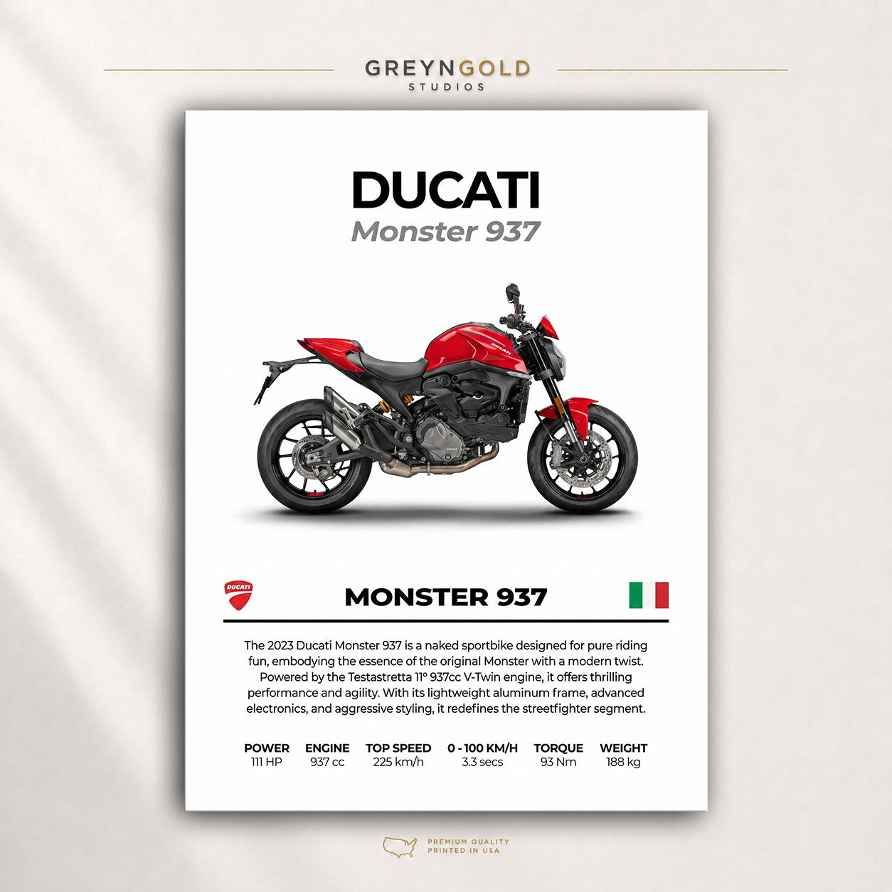 Ducati Monster 937 Superbike Wall Art – Italian Sports Motorcycle Print, Racing Bike Decor, High Performance Motorbike Artwork, Garage Man Cave Biker Gift Premium Poster Print - Pick Size