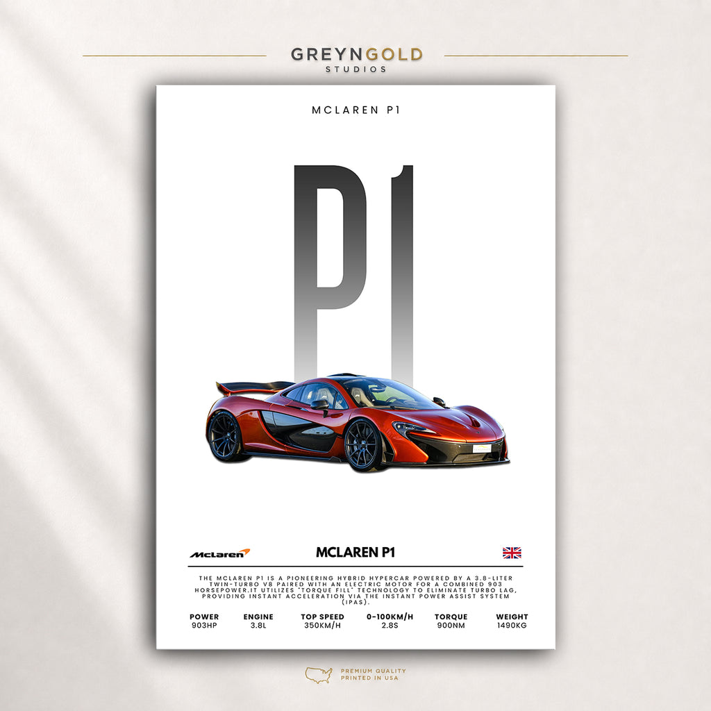 McLaren P1 British Supercar Wall Art - Exotic Sports Car Specification Print, Luxury Performance Car Decor, Racing Garage Art, Car Lover Gift Premium Poster Print - Pick Size