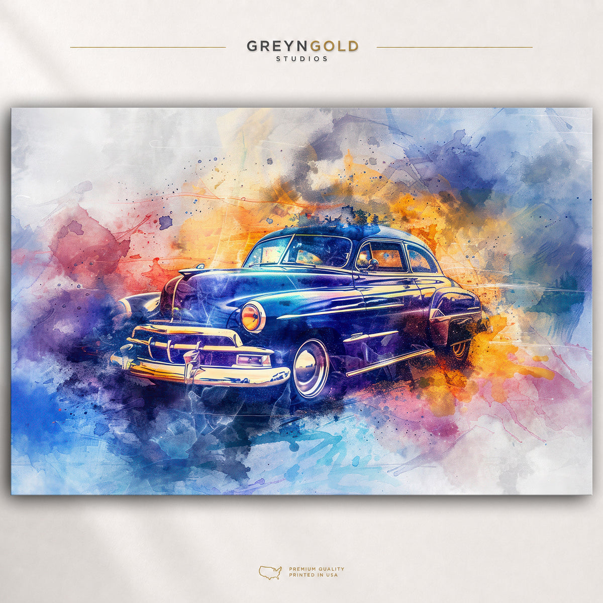 Vintage Classic Car Watercolor Poster – Blue Retro Automobile Wall Art & City Street Print, Garage Man Cave Decor Premium Poster Print - Pick Size