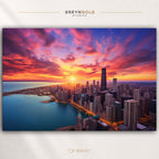 Chicago Skyline Sunset Poster - Lake Michigan Cityscape Wall Art, Chicago Travel Print, Modern Home & Office Decor Premium Poster Print - Pick Size