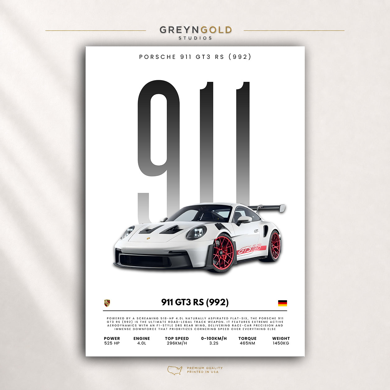 Porsche 911 GT3 RS 992 Poster, German Sports Car Wall Art, Supercar Print, Racing Automotive Decor, Garage Man Cave Car Premium Poster Print - Pick Size