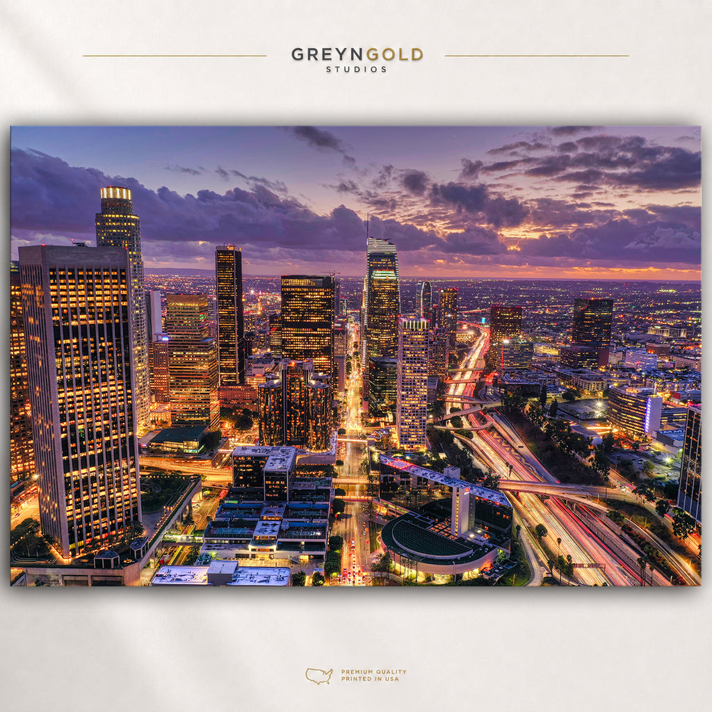 Downtown Los Angeles Wall Art Poster – LA Skyline Cityscape at Night, California Urban Architecture Print, City Lights Decor Premium Poster Print - Pick Size