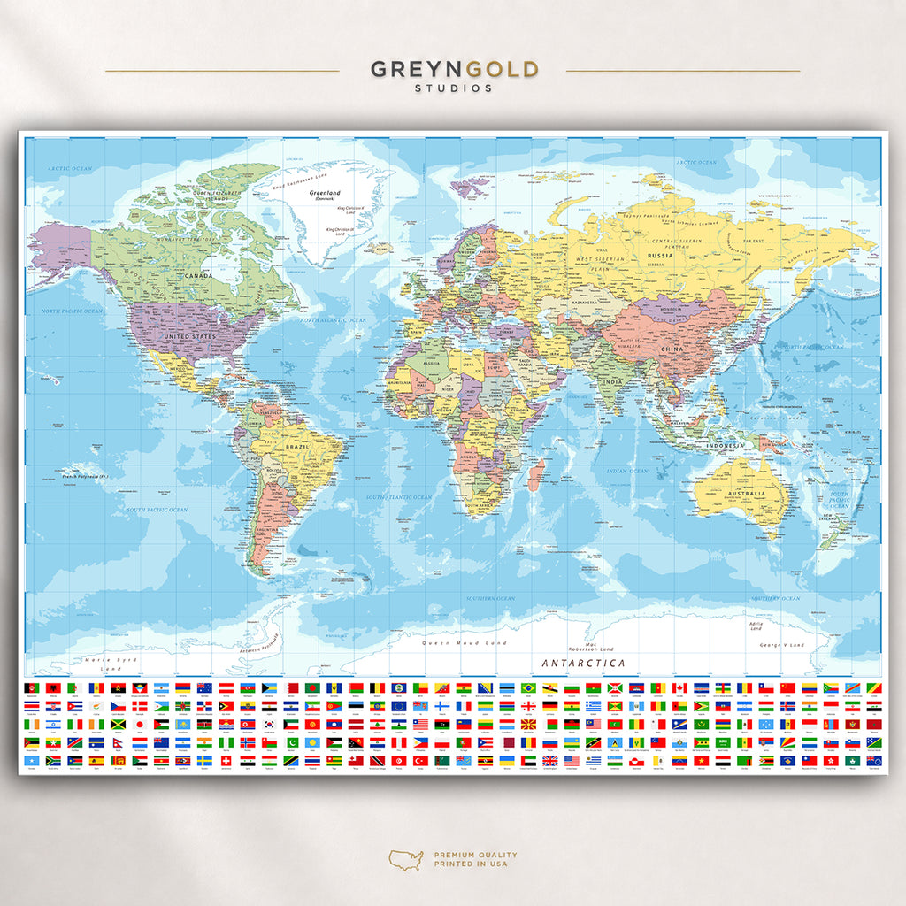 Political World Map with Flags Wall Art Poster – Detailed Countries, Cities & Continents Geography Print, Educational World Atlas Map, Classroom School Decor, Travel Office Wall Art, Kids Learning Poster Premium Poster Print - Pick Size (Copy)