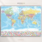 Political World Map with Flags Wall Art Poster – Detailed Countries, Cities & Continents Geography Print, Educational World Atlas Map, Classroom School Decor, Travel Office Wall Art, Kids Learning Poster Premium Poster Print - Pick Size (Copy)