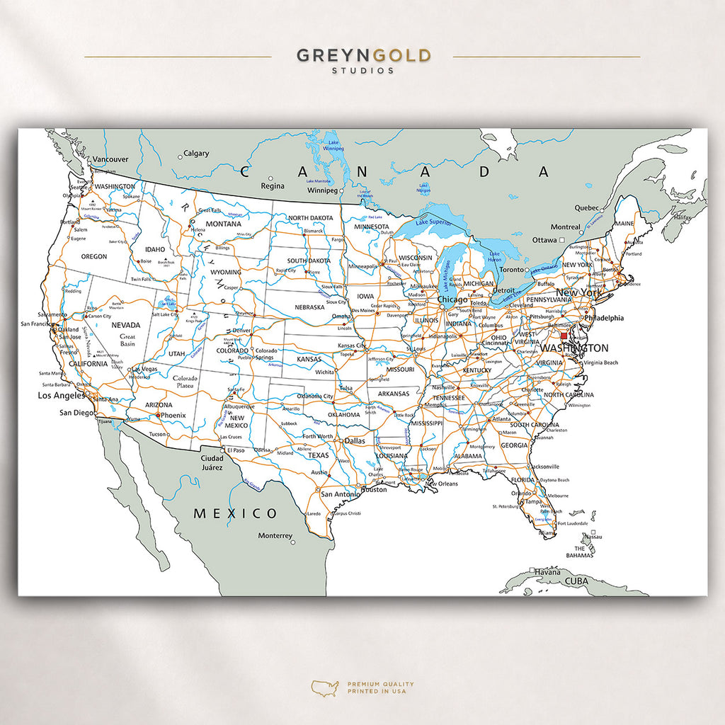 USA Road Map Wall Art Poster – United States Highways, Cities & States Map, Detailed American Travel Route Print, Geography Classroom Decor, Office Wall Art, US Road Trip Map Premium Poster Print - Pick Size