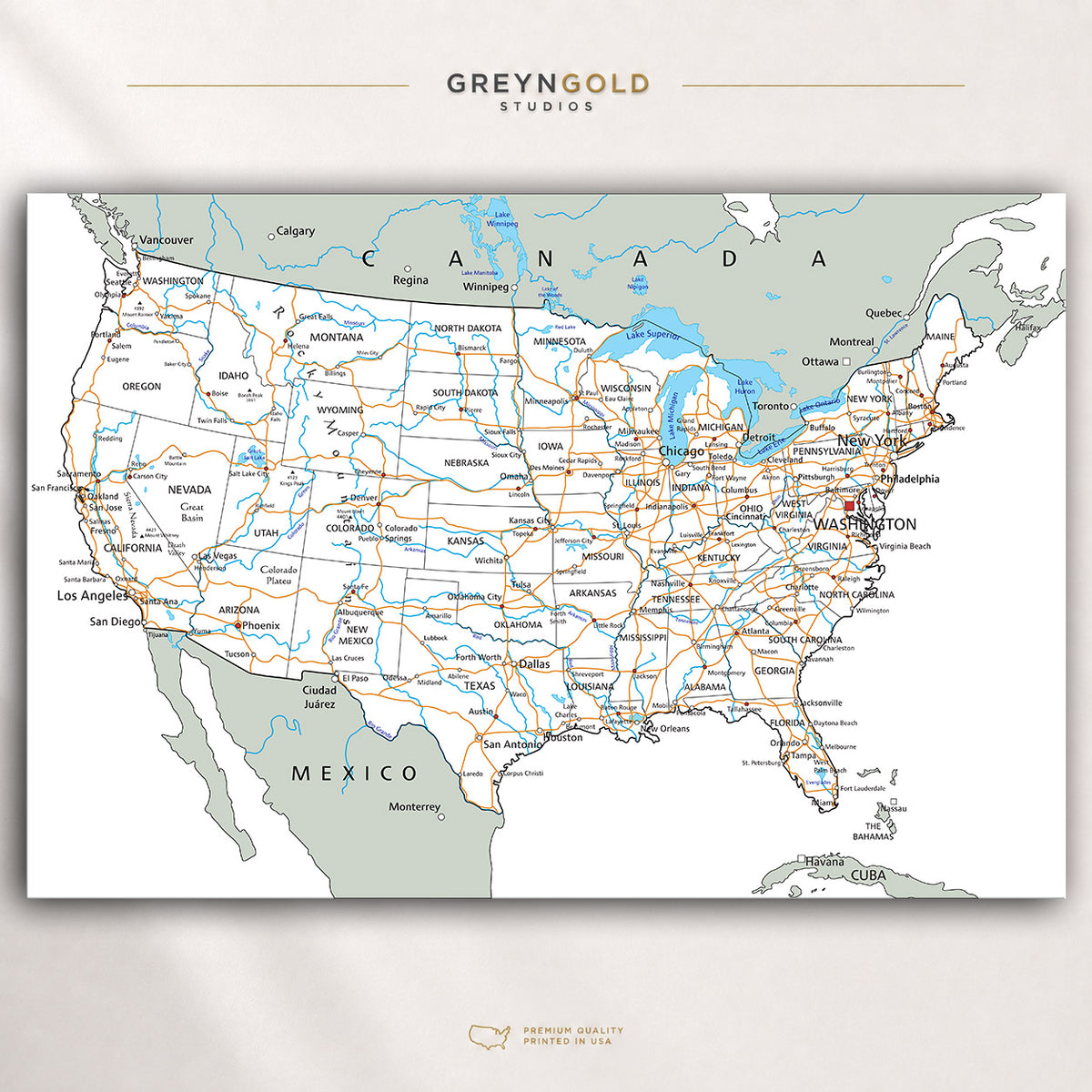 USA Road Map Wall Art Poster – United States Highways, Cities & States Map, Detailed American Travel Route Print, Geography Classroom Decor, Office Wall Art, US Road Trip Map Premium Poster Print - Pick Size