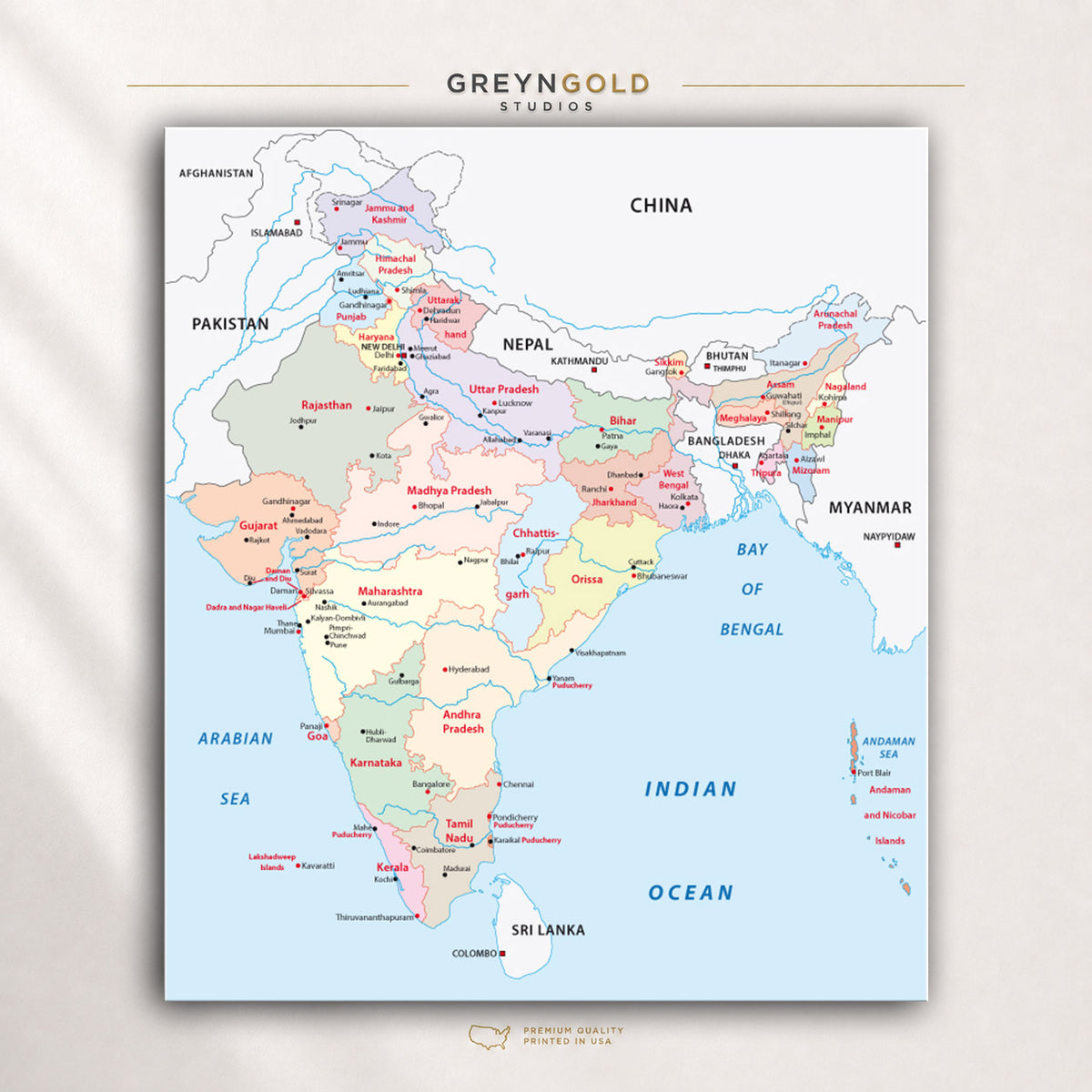 India Map Wall Art Poster, Educational Political Map of India, Indian States & Cities Geography Print, Classroom Learning Decor, Kids Study Room Poster, Travel Map, Office & Home Decor Premium Poster Print - Pick Size