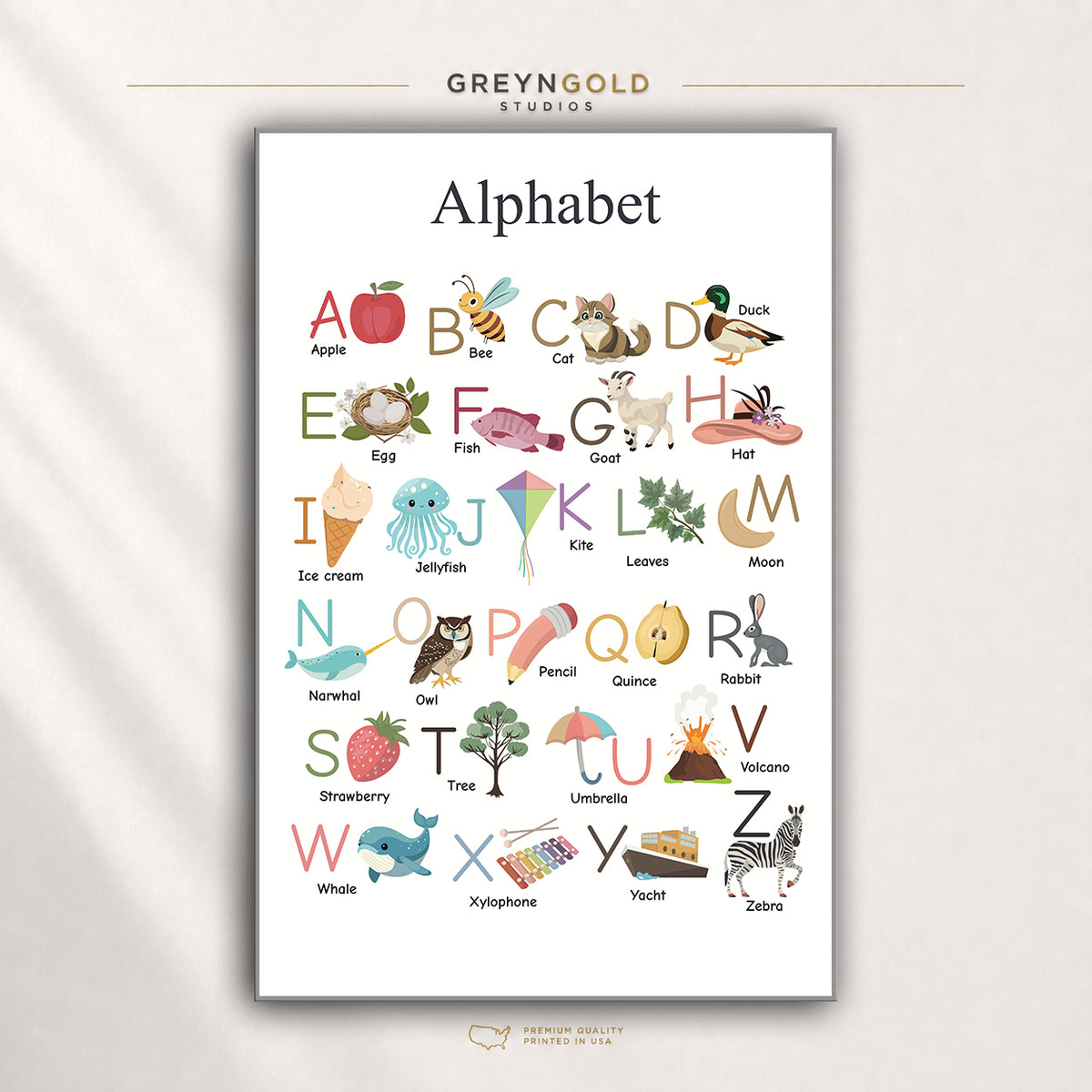 Alphabet Poster for Kids – ABC Learning Chart with Pictures, Educational Nursery Wall Art, Preschool Kindergarten Classroom Decor Premium Poster Print - Pick Size