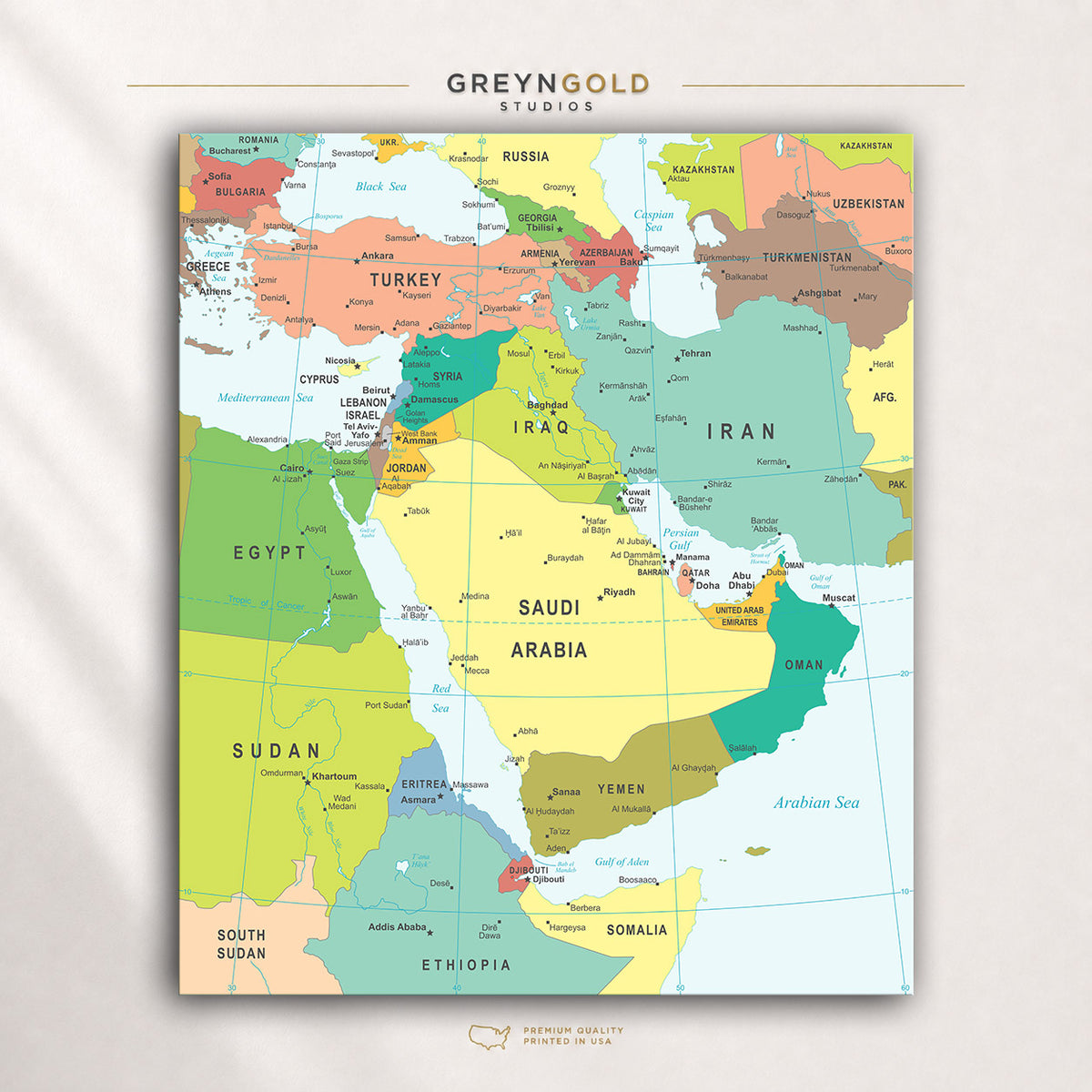 Middle East Political Map Wall Art Poster – Detailed Gulf Countries Map Print, Countries & Capitals Geography Map, Classroom Learning Decor, Kids Study Room Poster, Travel Map, Office & Home Decor Premium Poster Print - Pick Size