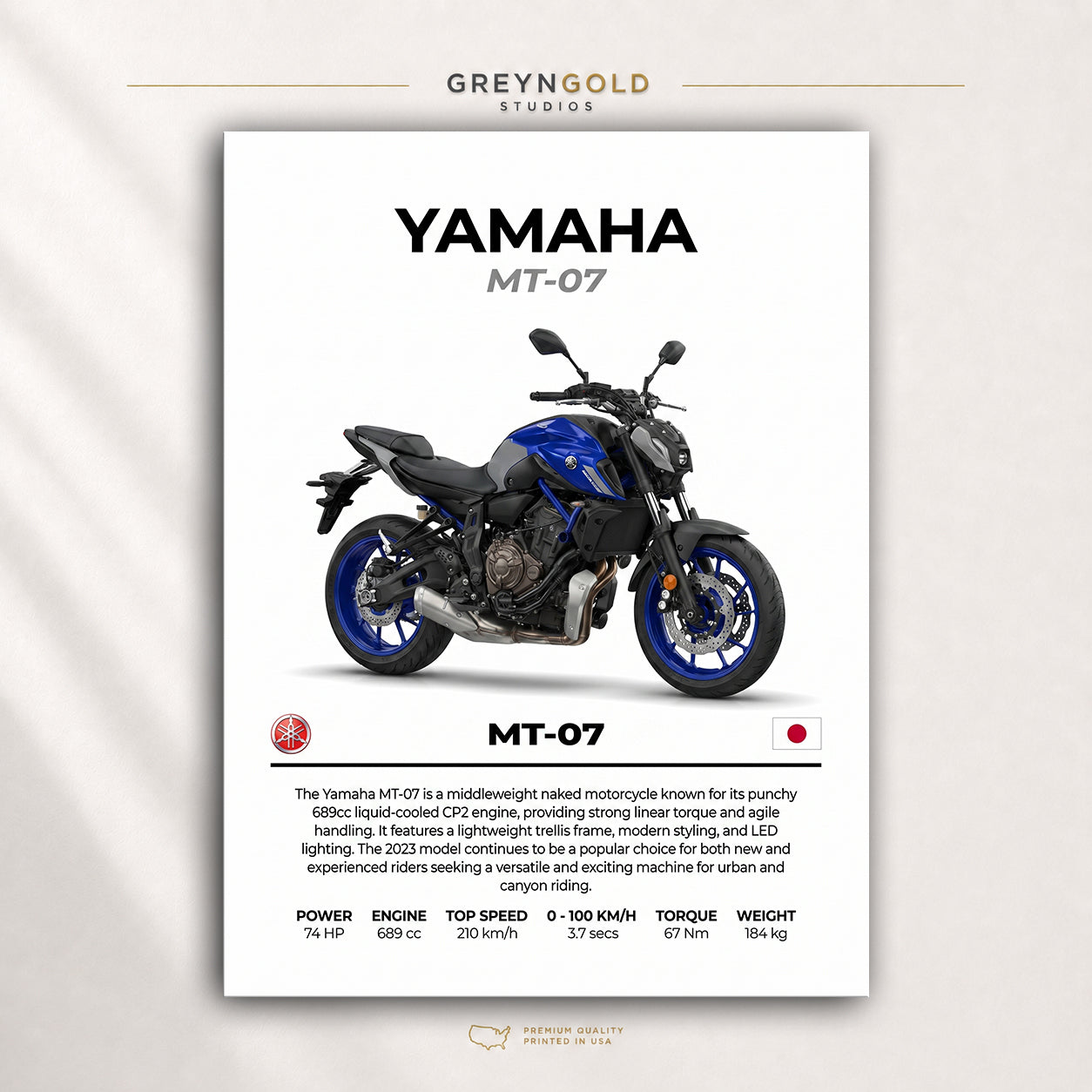 Yamaha MT 07 Motorcycle Wall Art – Japanese Sport Bike Print, Performance Bike Art, Automotive Wall Decor, Street Bike Racing Poster, Garage Man Cave Motorbike Enthusiast Gift Premium Poster Print - Pick Size