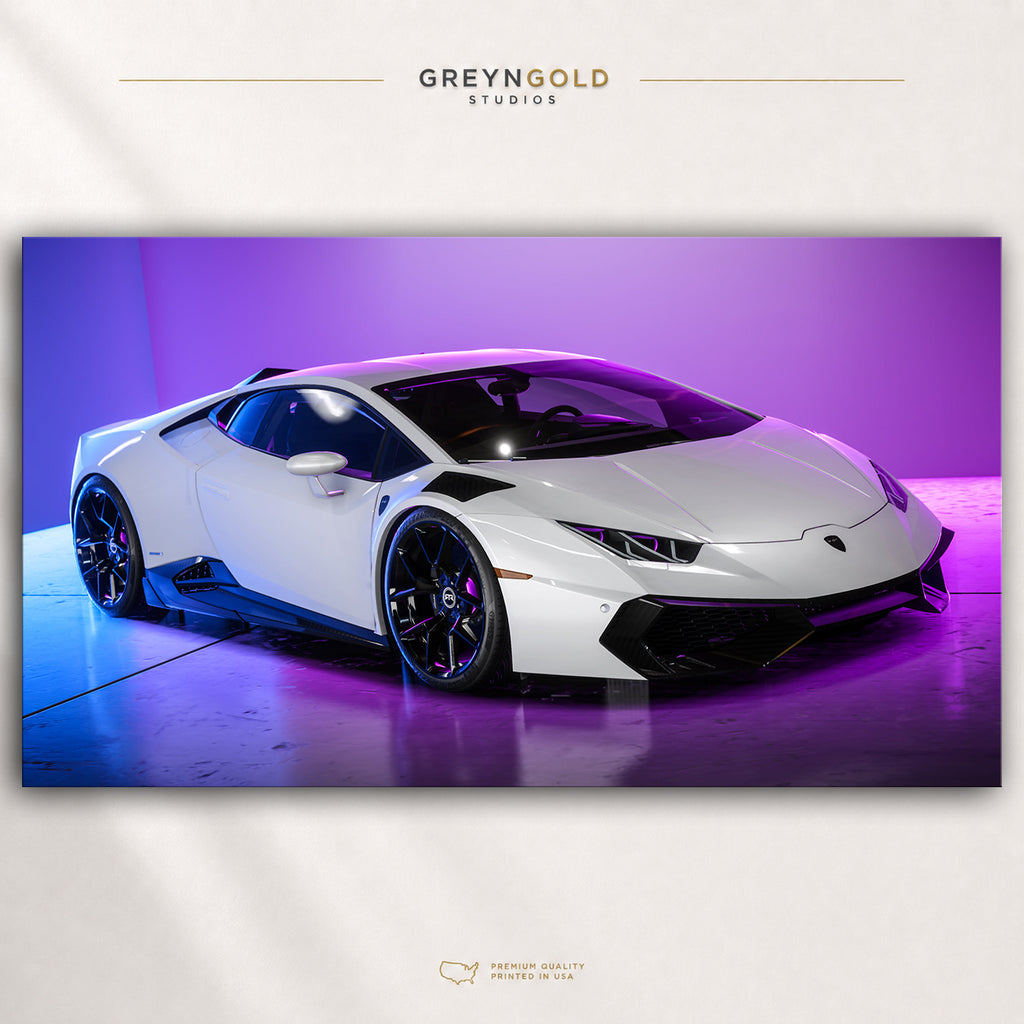 White Lamborghini Huracán EVO Italian Supercar Poster, Luxury Sports Car Wall Art, Exotic Car Print, Neon Automotive Decor, Garage Wall Art Premium Poster Print - Pick Size