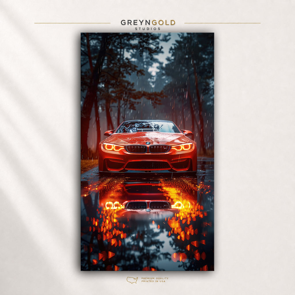 Red BMW M4 Car Poster – German Sports Car Wall Art, Rainy Night Automotive Print, Garage, Man Cave & Bedroom Decor Premium Poster Print - Pick Size
