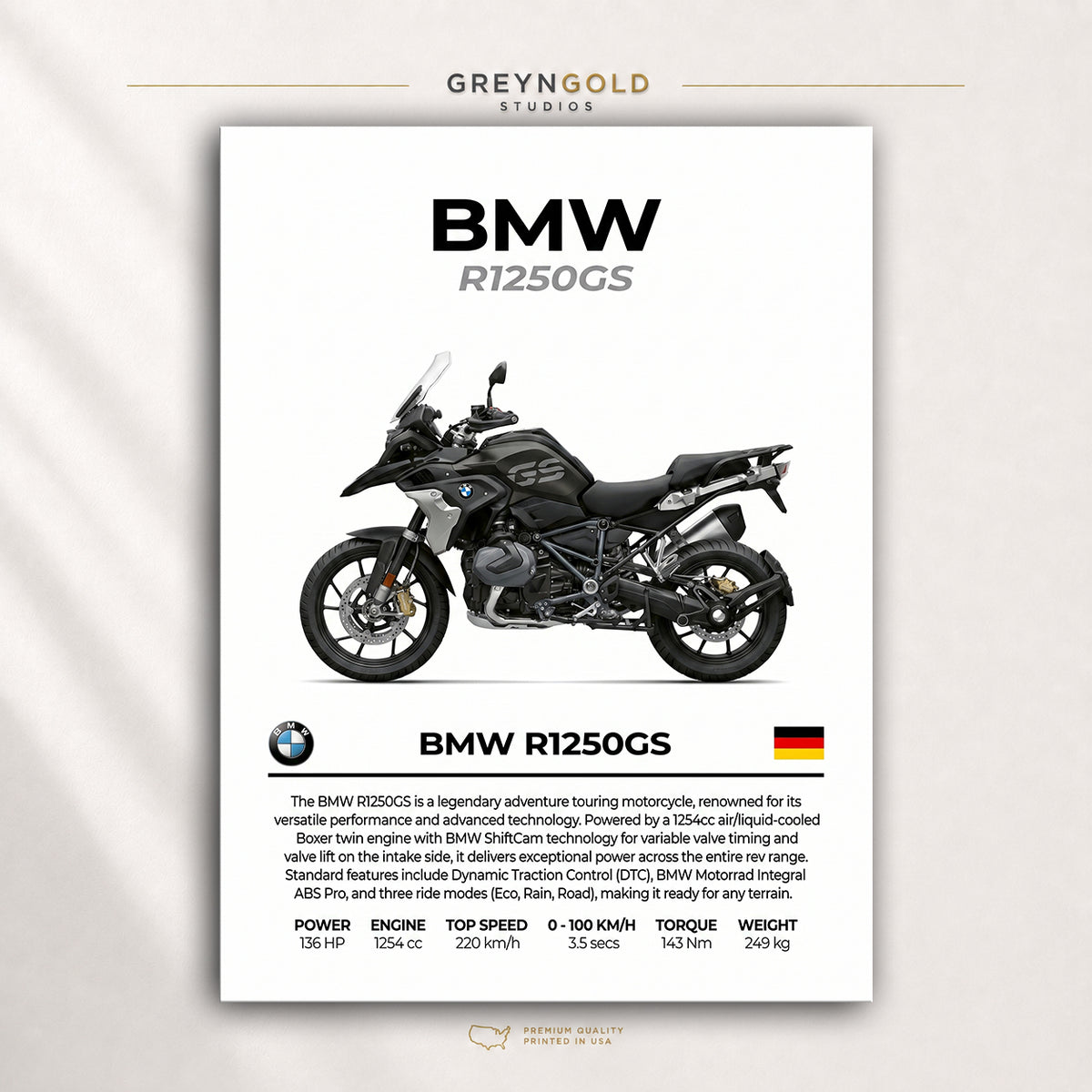 BMW R1250GS Motorcycle Wall Art – German Sport Bike Print, Performance Bike Art, Automotive Wall Decor, Street Bike Racing Poster, Garage Man Cave Motorbike Enthusiast Gift Premium Poster Print - Pick Size