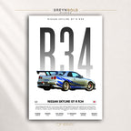 Nissan Skyline GT-R R34 Poster - Japanese Sports Car Wall Art, JDM Supercar Specification Print, Racing Automotive Decor, Garage Man Cave Car Art Premium Poster Print - Pick Size