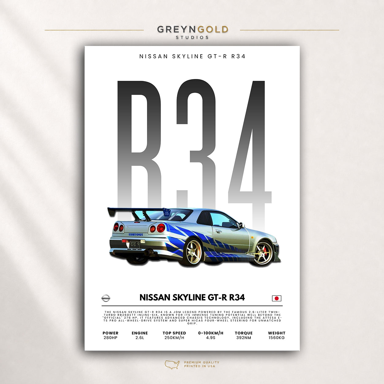Nissan Skyline GT-R R34 Poster - Japanese Sports Car Wall Art, JDM Supercar Specification Print, Racing Automotive Decor, Garage Man Cave Car Art Premium Poster Print - Pick Size