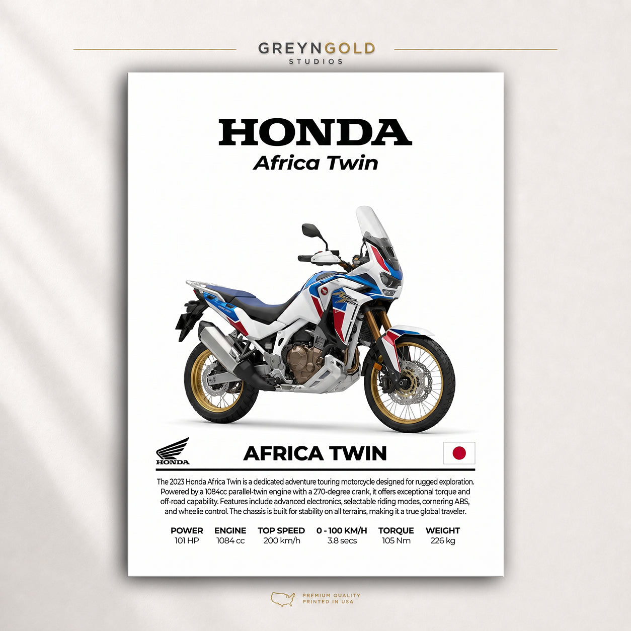 Honda Africa Twin Motorcycle Wall Art – Japanese Sport Bike Print, Performance Bike Art, Automotive Wall Decor, Street Bike Racing Poster, Garage Man Cave Motorbike Enthusiast Gift Premium Poster Print - Pick Size