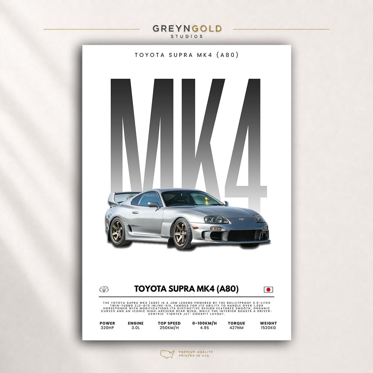 Toyota Supra MK4 A80 Poster - Japanese JDM Sports Car Wall Art, Racing Garage Decor, Car Lover Gift Premium Poster Print - Pick Size