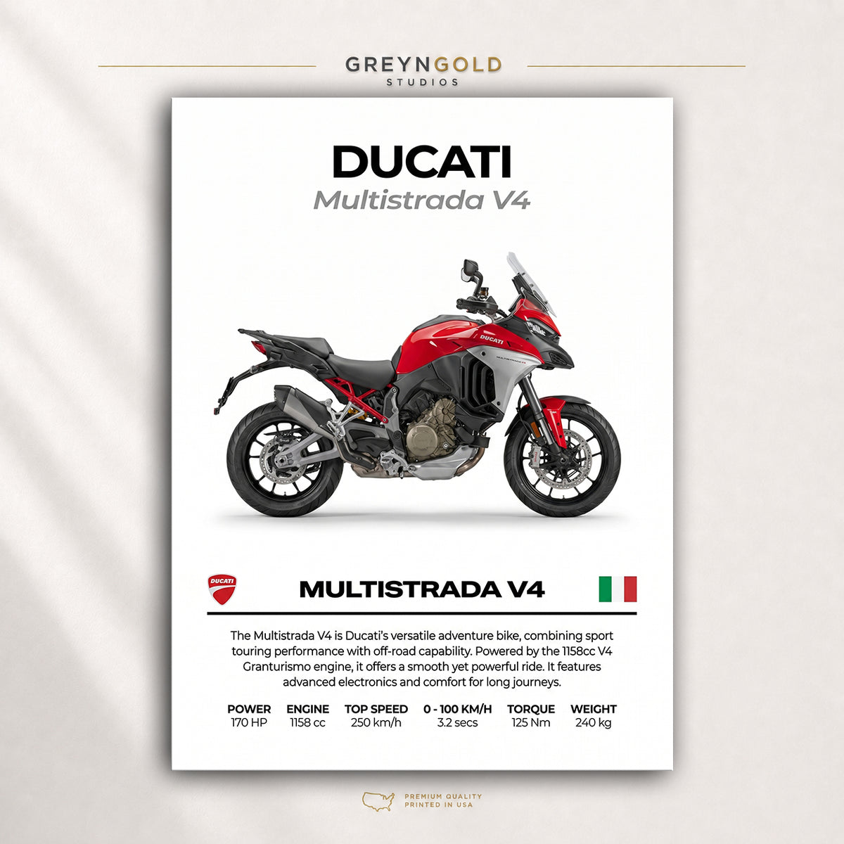 Ducati Multistrada V4 Motorcycle Wall Art – Italian Sport Bike Print, Performance Bike Art, Automotive Wall Decor, Street Bike Racing Poster, Garage Man Cave Motorbike Enthusiast Gift Premium Poster Print - Pick Size