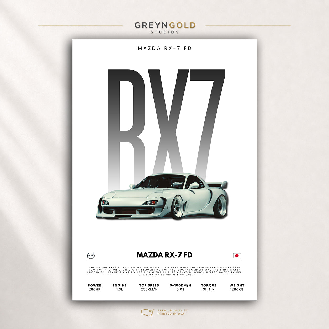 Mazda RX-7 FD Super Car Poster - Japanese JDM Sports Car Wall Art, Racing Garage Decor, Luxury Car Art, Car Lover Gift Premium Poster Print - Pick Size