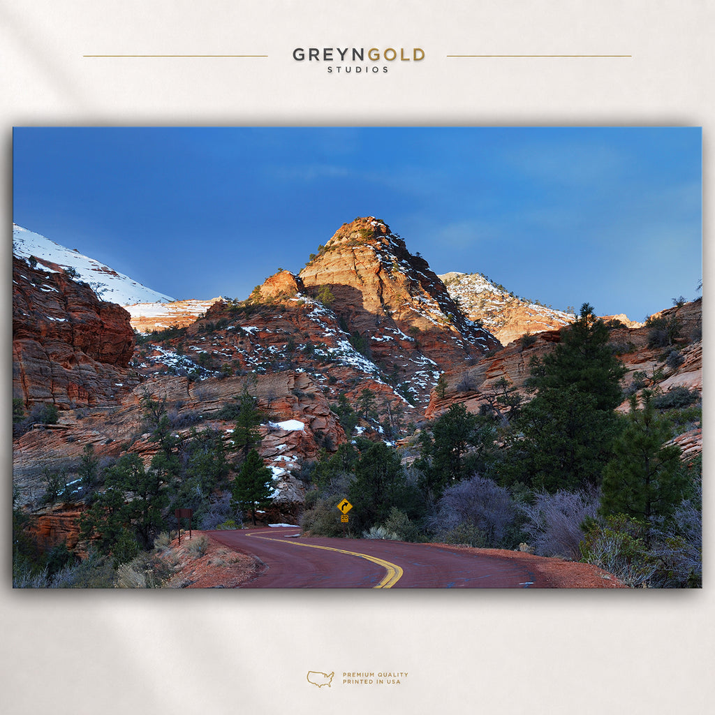 Zion National Park Utah Wall Art – Snowy Mountain Road Poster, Red Rock Winter Landscape, USA Travel Decor Premium Poster Print - Pick Size