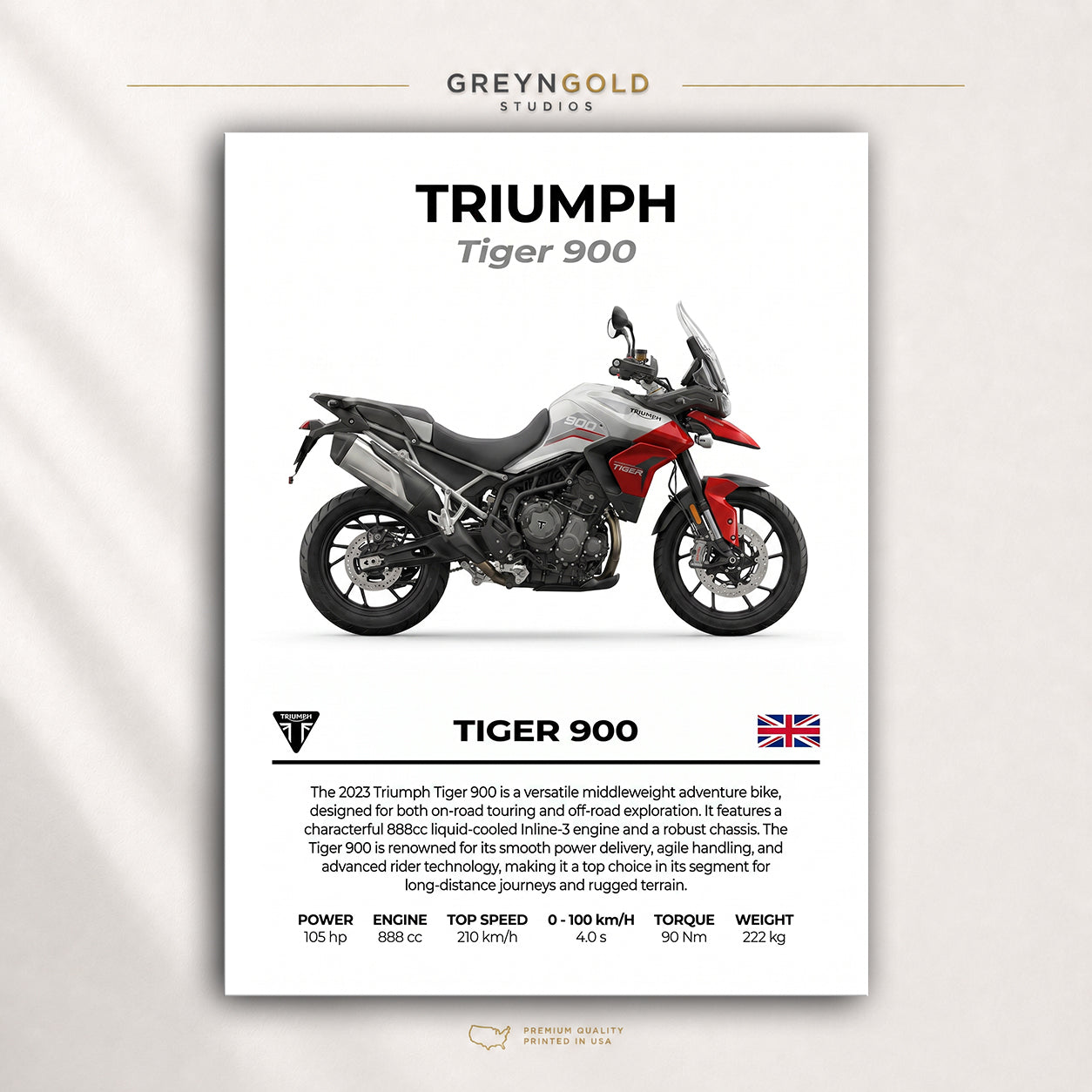 Triumph Tiger 900 Motorcycle Wall Art – British Sport Bike Print, Performance Bike Art, Automotive Wall Decor, Street Bike Racing Poster, Garage Man Cave Motorbike Enthusiast Gift Premium Poster Print - Pick Size