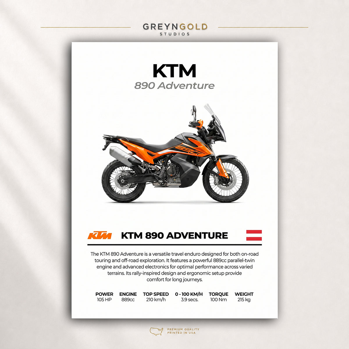 KTM 890 Adventure Motorcycle Wall Art – Super Sport Bike Print, Performance Bike Art, Automotive Wall Decor, Street Bike Racing Poster, Garage Man Cave Motorbike Enthusiast Gift Premium Poster Print - Pick Size