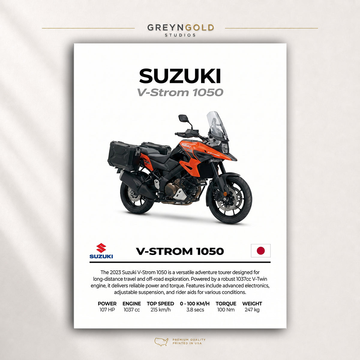 Suzuki V-Strom 1050 Japanese Adventure Motorcycle Wall Art – Super Sport Bike Print, Performance Bike Art, Automotive Wall Decor, Street Bike Racing Poster, Garage Man Cave Motorbike Enthusiast Gift Premium Poster Print - Pick Size
