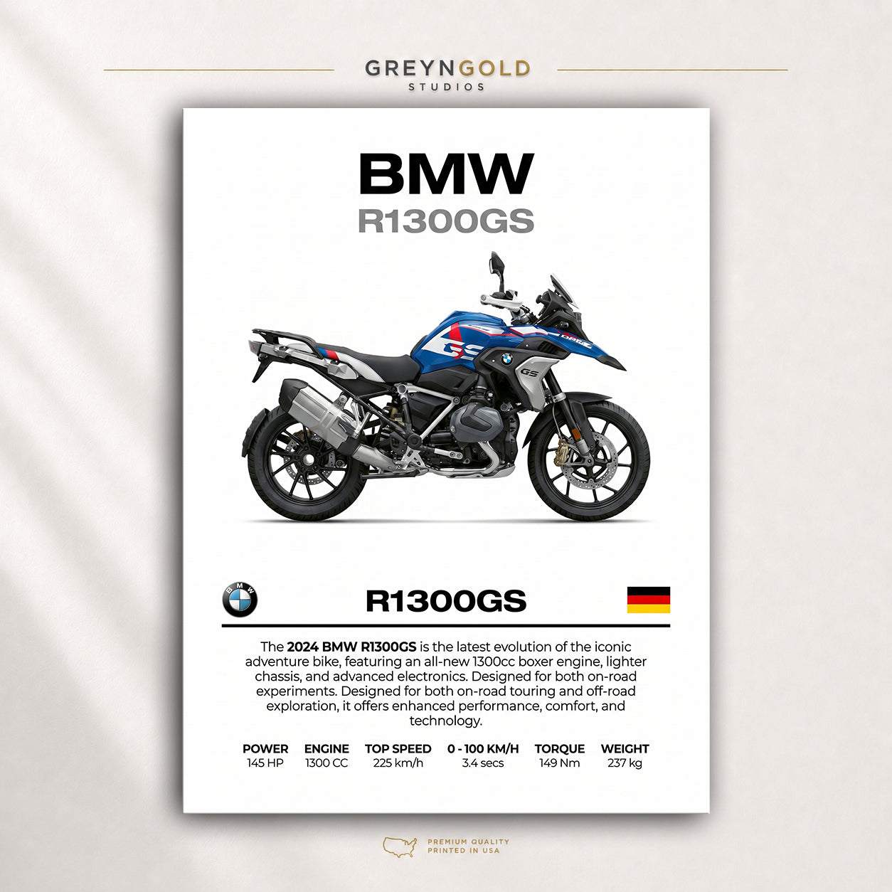 BMW R1300GS Superbike Wall Art – German Sports Motorcycle Print, Racing Bike Decor, High Performance Motorbike Artwork, Garage Man Cave Biker Gift Premium Poster Print - Pick Size