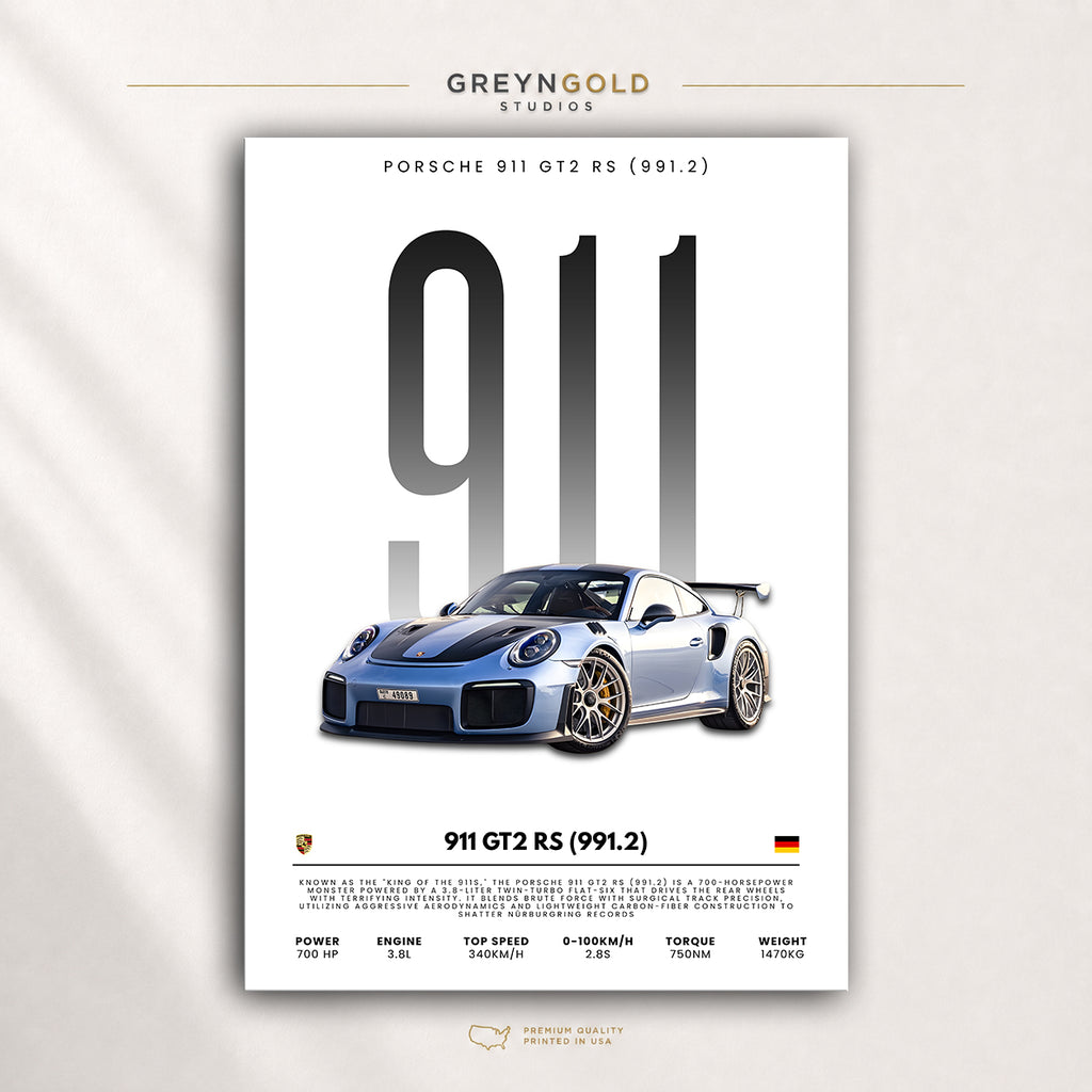 Porsche 911 GT2 RS 991.2 Poster, German Sports Car Wall Art, Supercar Print, Racing Automotive Decor, Garage Man Cave Car Premium Poster Print - Pick Size