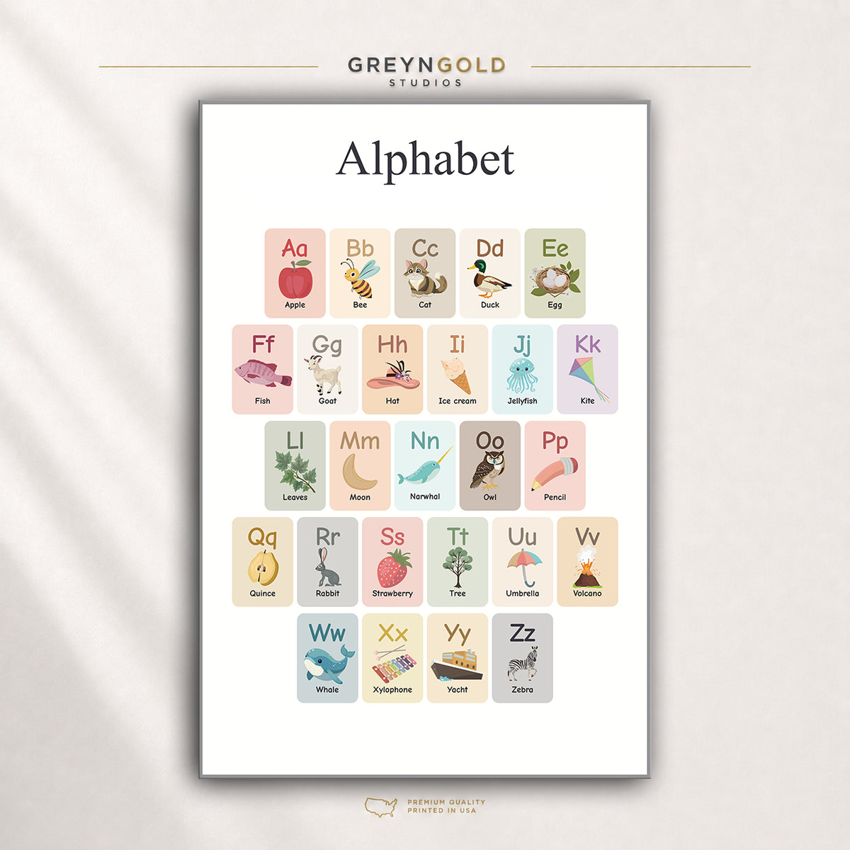 Kids ABC Alphabet Poster – Colorful Educational Learning Chart with Animals & Objects, Nursery Preschool Classroom Wall Art Premium Poster Print - Pick Size