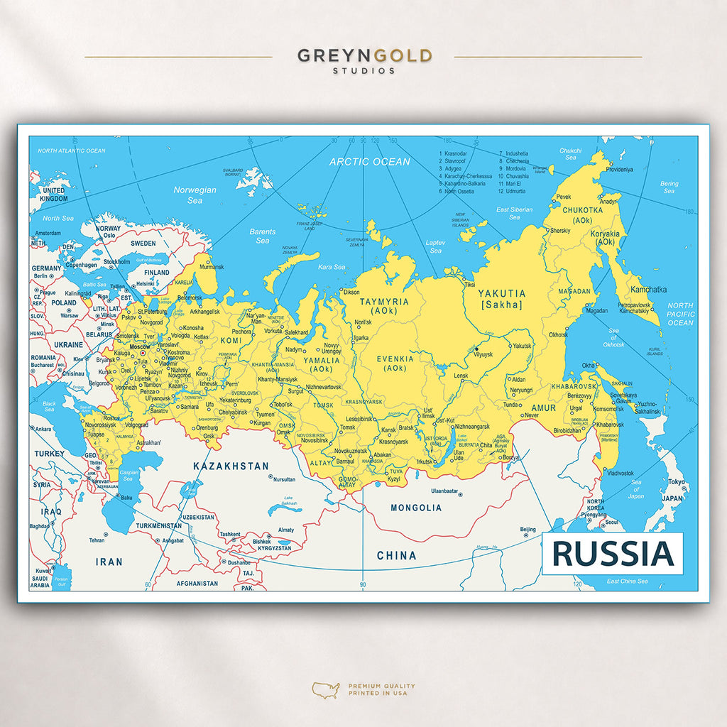Russia Map Wall Art Poster, Educational Political Map of Russia, States & Cities Geography Print, Classroom Learning Decor, Kids Study Room Poster, Travel Map, Office & Home Decor Premium Poster Print - Pick Size