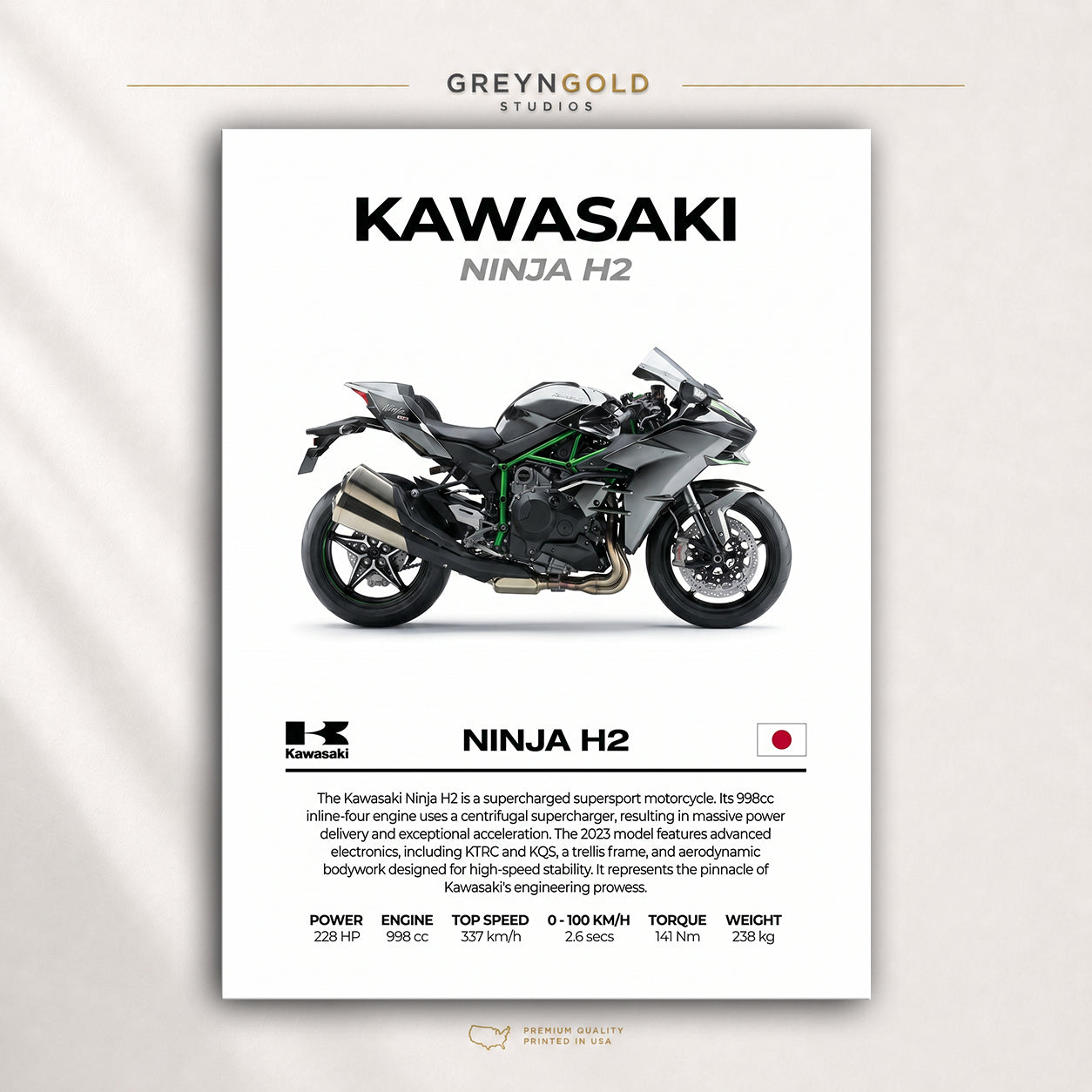 Kawasaki Ninja H2 Poster – Japan Superbike Wall Art, Motorcycle Print, Racing Bike Decor, High Performance Sports Bike Artwork, Garage Man Cave Biker Gift Premium Poster Print - Pick Size