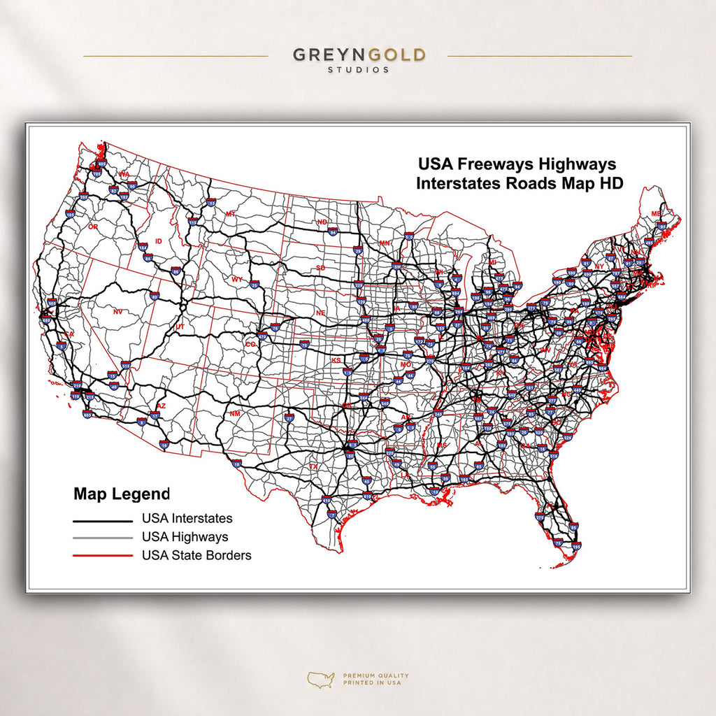 USA Interstate Highway Map Wall Art Poster – United States Freeways & Roads Map, American Highway Network Print State Borders Travel Map, Route Map Decor, Office Classroom Wall Art Premium Poster Print - Pick Size