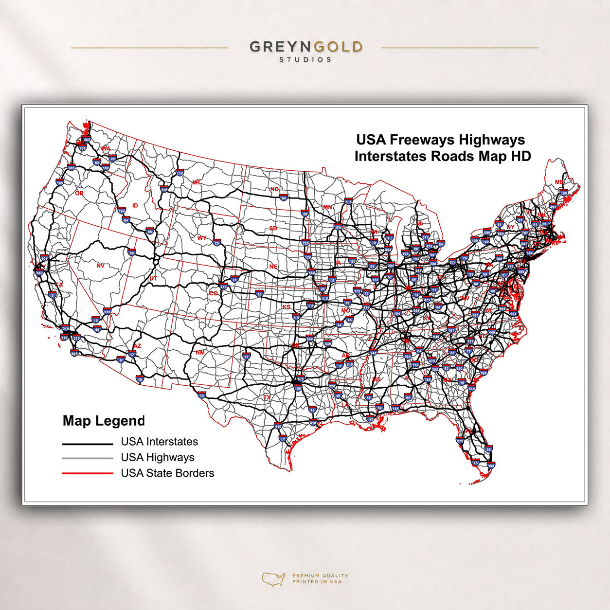 USA Interstate Highway Map Wall Art Poster – United States Freeways & Roads Map, American Highway Network Print State Borders Travel Map, Route Map Decor, Office Classroom Wall Art Premium Poster Print - Pick Size