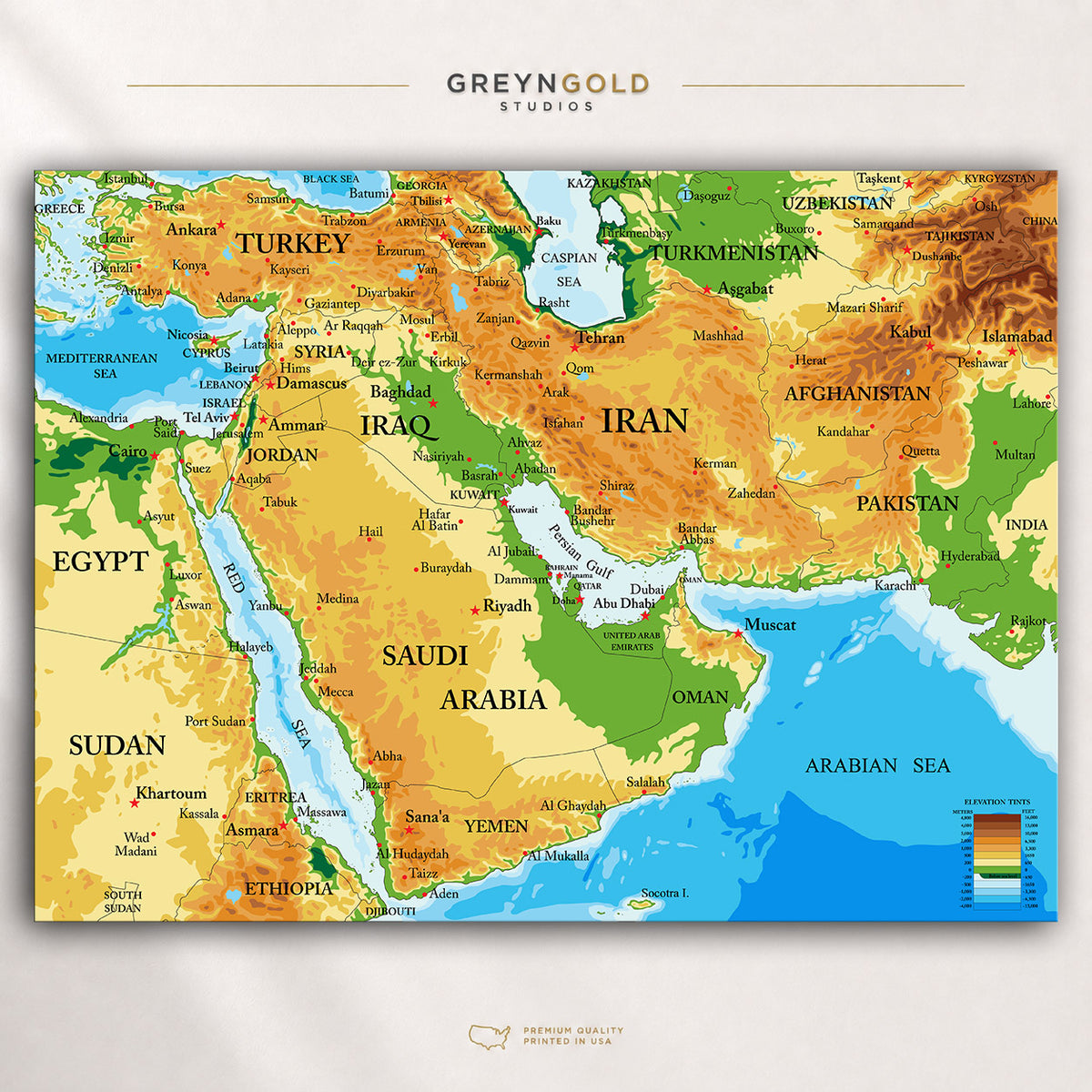 Detailed Middle East Political Map Wall Art Poster – Countries & Capitals Geography Print, Gulf Countries Map Classroom Learning Decor, Kids Study Room Poster, Travel Map, Office & Home Decor Premium Poster Print - Pick Size