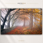 Misty Autumn Forest Wall Art Poster - Foggy Fall Print, Orange Woodland Nature Art, Scenic Forest Decor, Cozy Cabin Bedroom Wall Decor Premium Poster Print - Pick Size