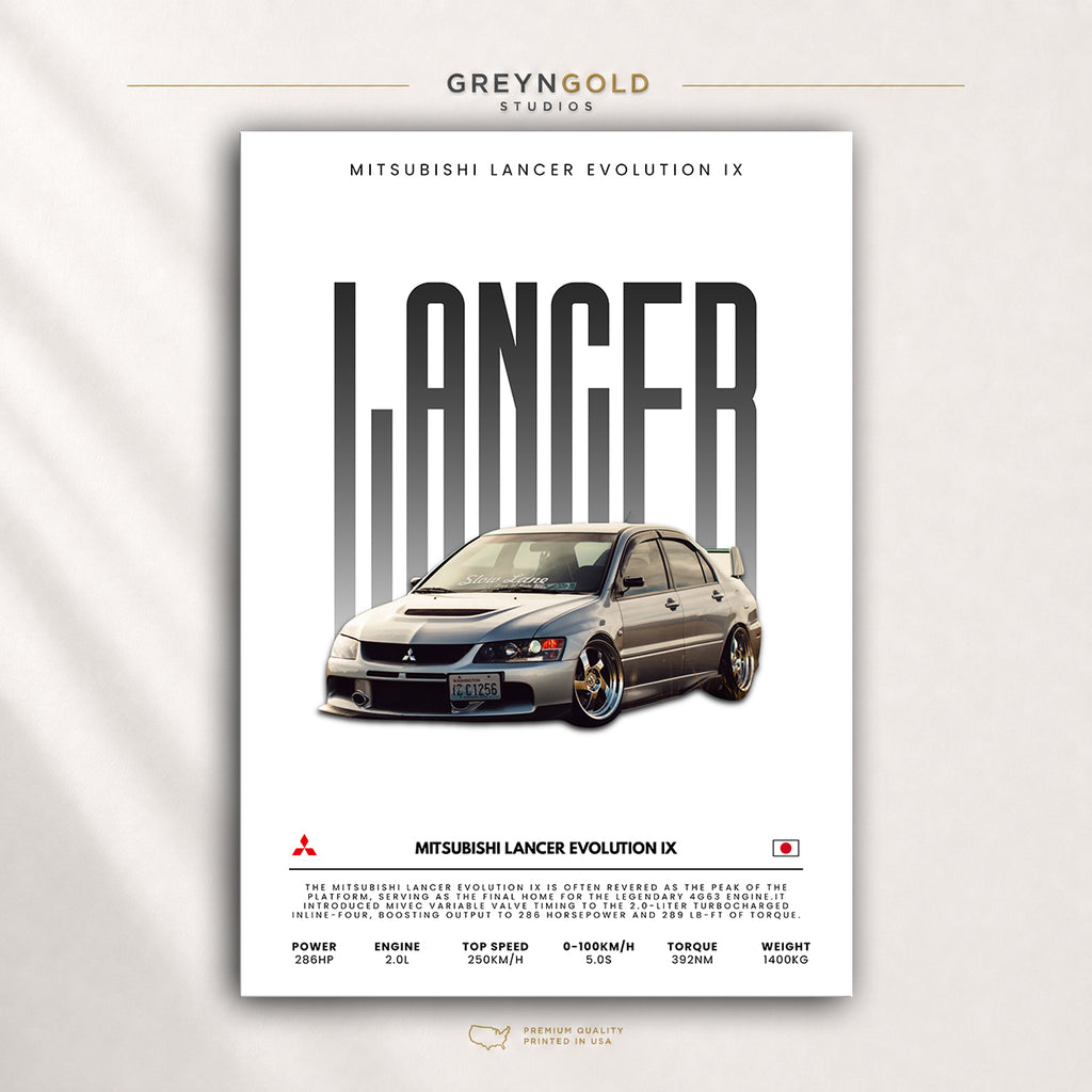Mitsubishi Lancer Evolution IX Poster - Japanese JDM Sports Car Wall Art, Racing Garage Decor, Car Lover Gift Premium Poster Print - Pick Size