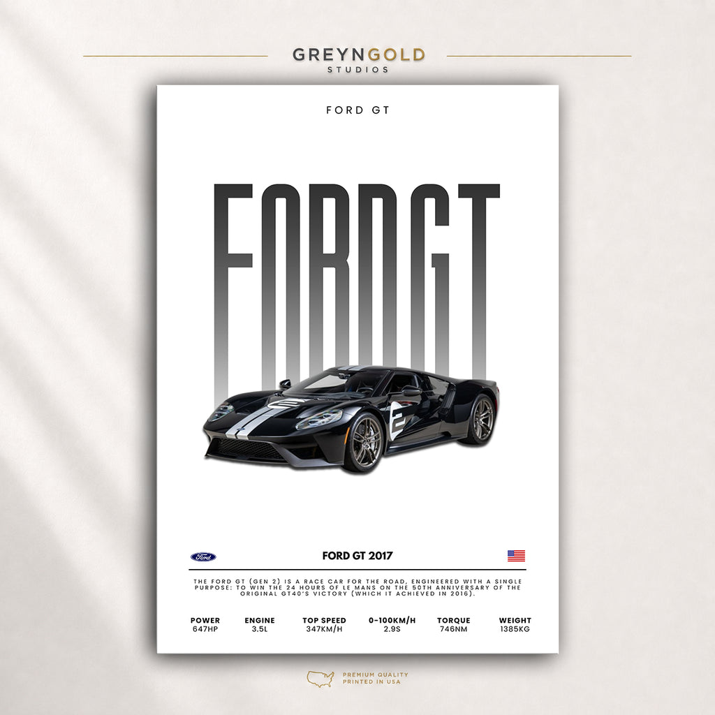 Ford GT 2017 American Supercar Wall Art - Sports Car Specification Print, Racing Garage Decor, Automotive Car Lover Gift Premium Poster Print - Pick Size