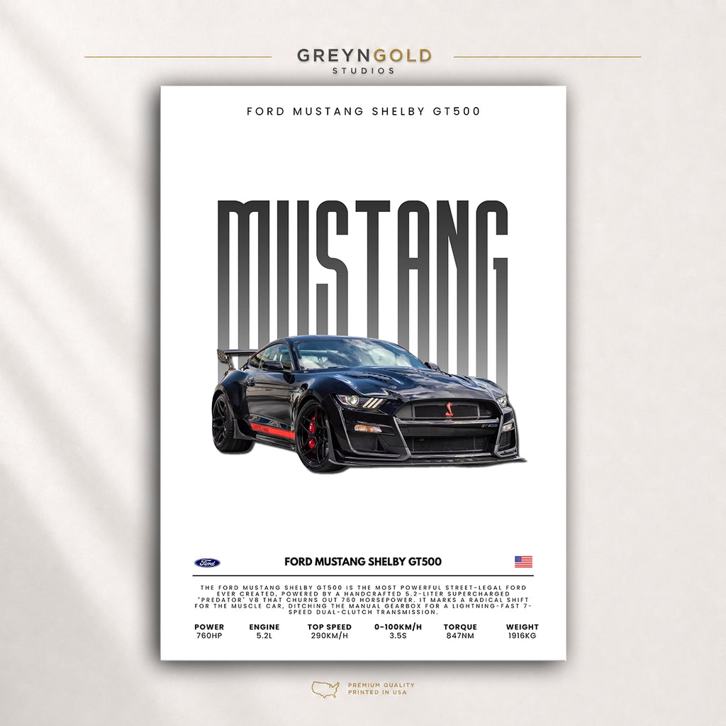 Ford Mustang Shelby GT500 American Supercar Wall Art - Sports Car Print, Racing Garage Decor, Automotive Car Lover Gift Premium Poster Print - Pick Size